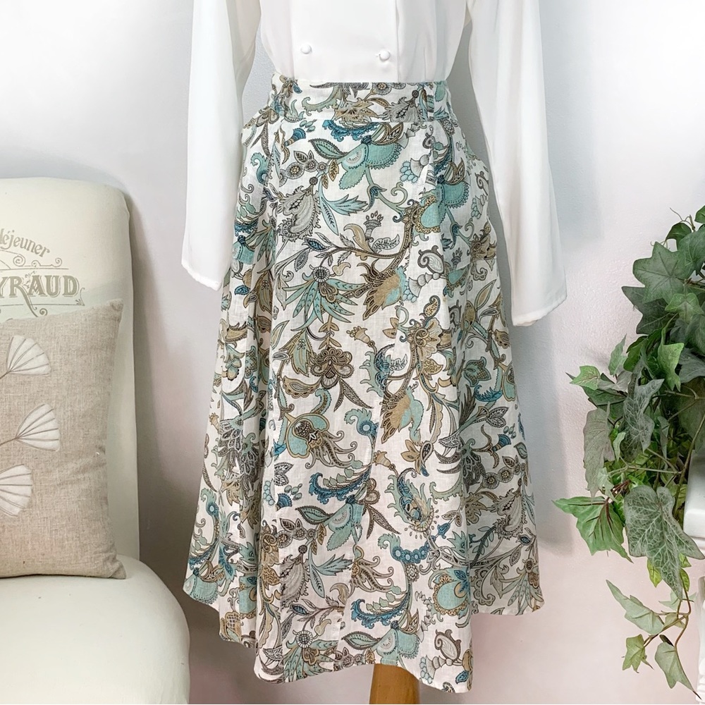 Women's Soft Linen Floral Midi Summer A Line Skirt